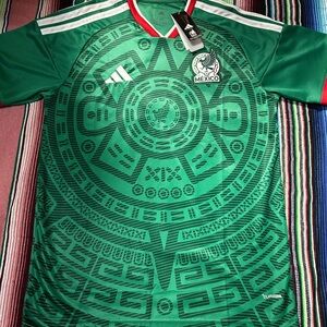 adidas Mexico Green Aztec Graphic Soccer Jersey with Red Trim